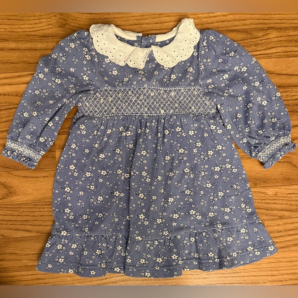 Girls 18m JoJo Maman Bebe Blue Ditsy Floral Dress White Peter Pan Eyelet Collar